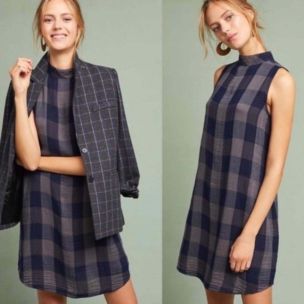 🎉LAST CALL🎉 Cloth & Stone Gray Blue Buffalo Plaid Sleeveless Dress S